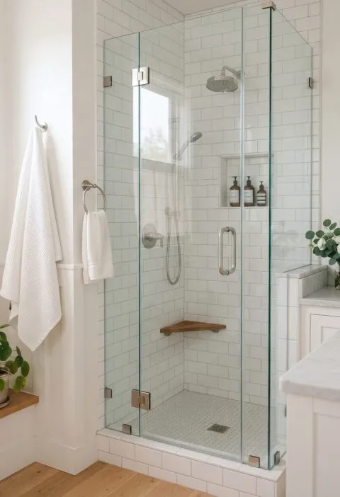 A clean, clear glass shower door