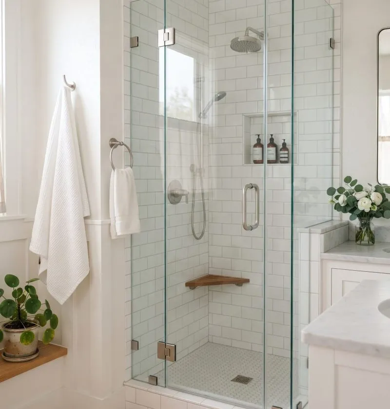 A clean, clear glass shower door