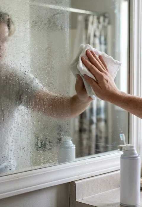 Bathroom mirror half fogged and half clear