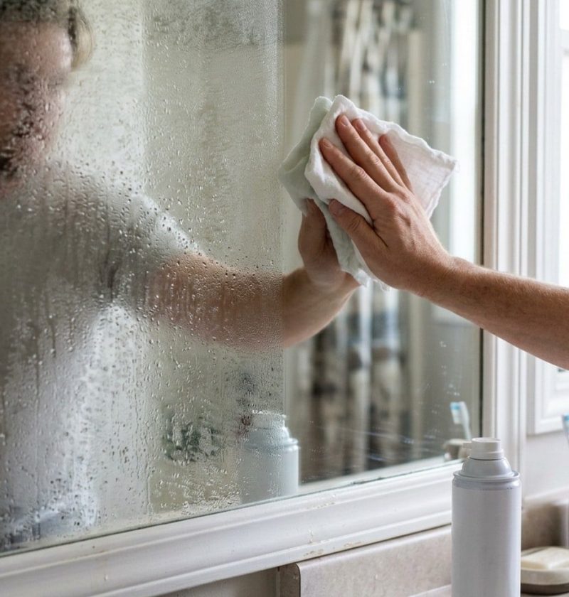 Bathroom mirror half fogged and half clear