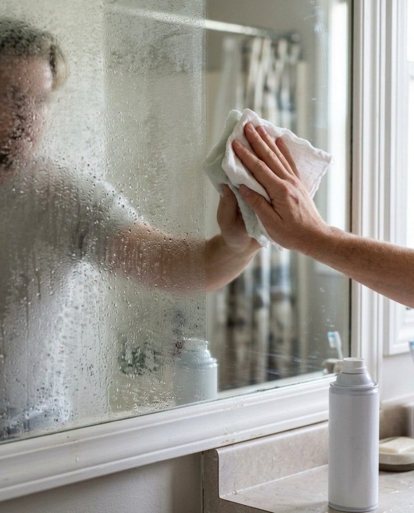 Bathroom mirror half fogged and half clear