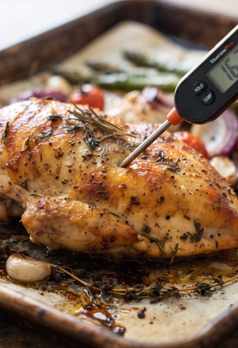 Checking chicken with a thermometer