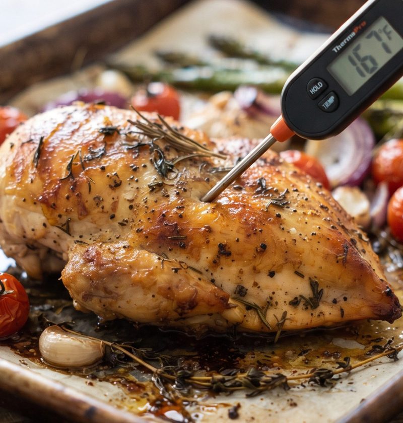 Checking chicken with a thermometer