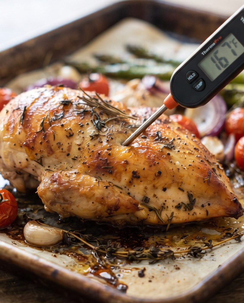 Checking chicken with a thermometer