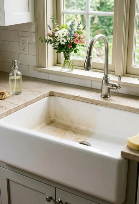 Stained porcelain sink half cleaned