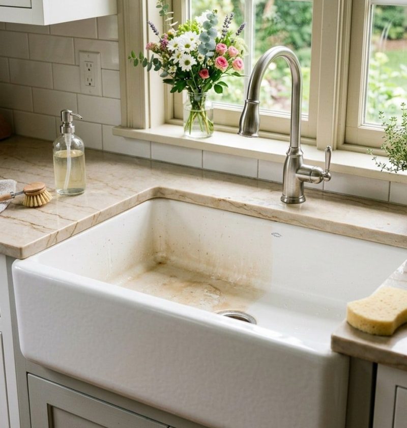 Stained porcelain sink half cleaned