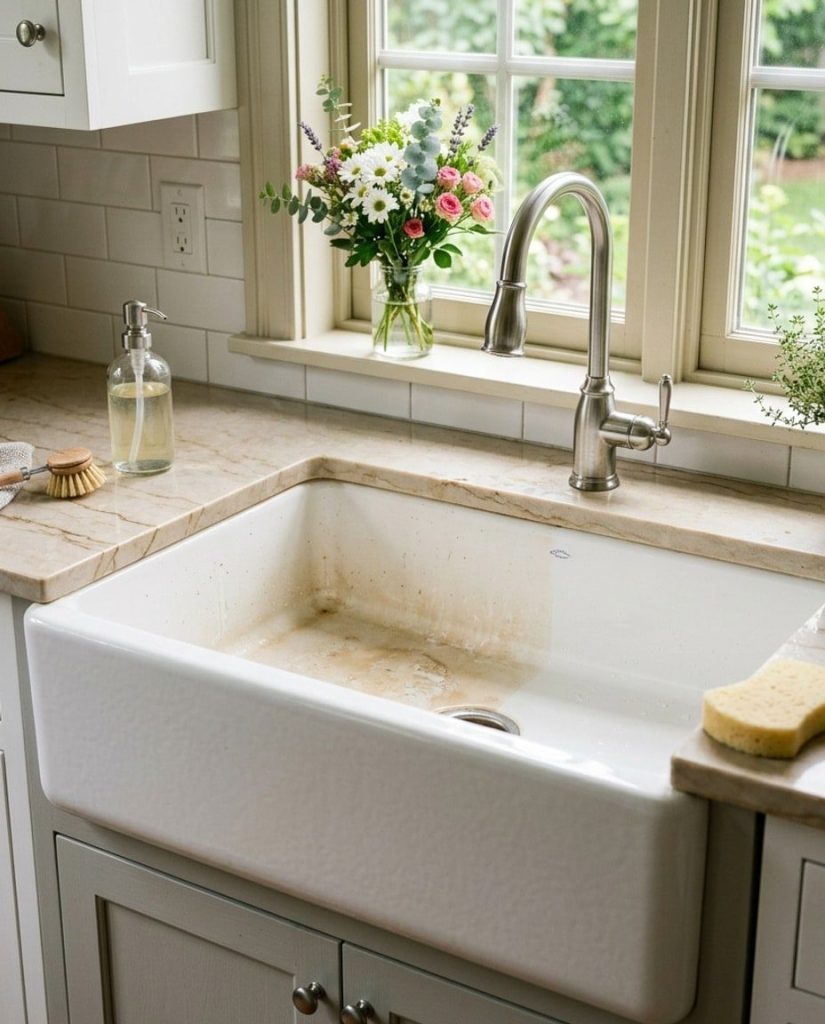 Stained porcelain sink half cleaned