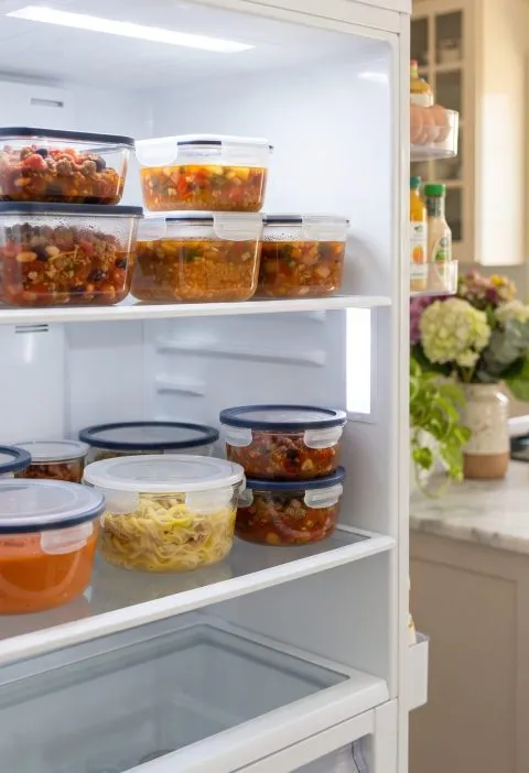 Leftovers in shallow containers in the fridge