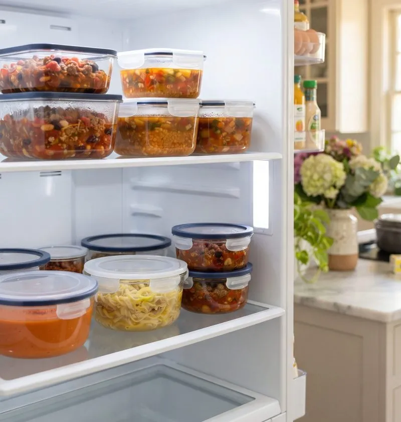 Leftovers in shallow containers in the fridge