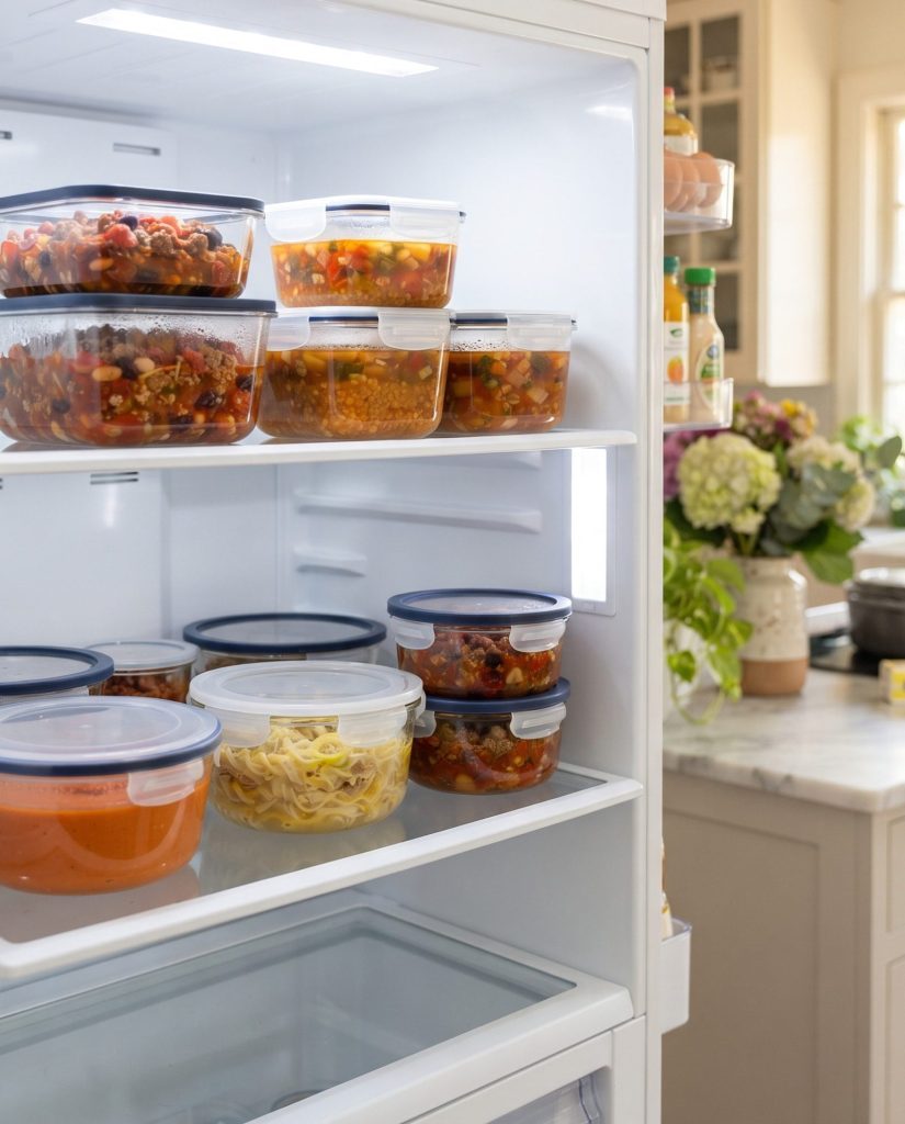 Leftovers in shallow containers in the fridge