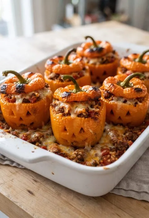 Jack-o'-lantern stuffed peppers in a baking dish