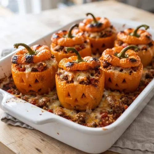 Jack-o'-lantern stuffed peppers in a baking dish