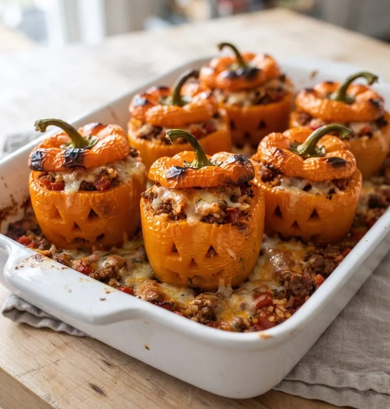Jack-o'-lantern stuffed peppers in a baking dish