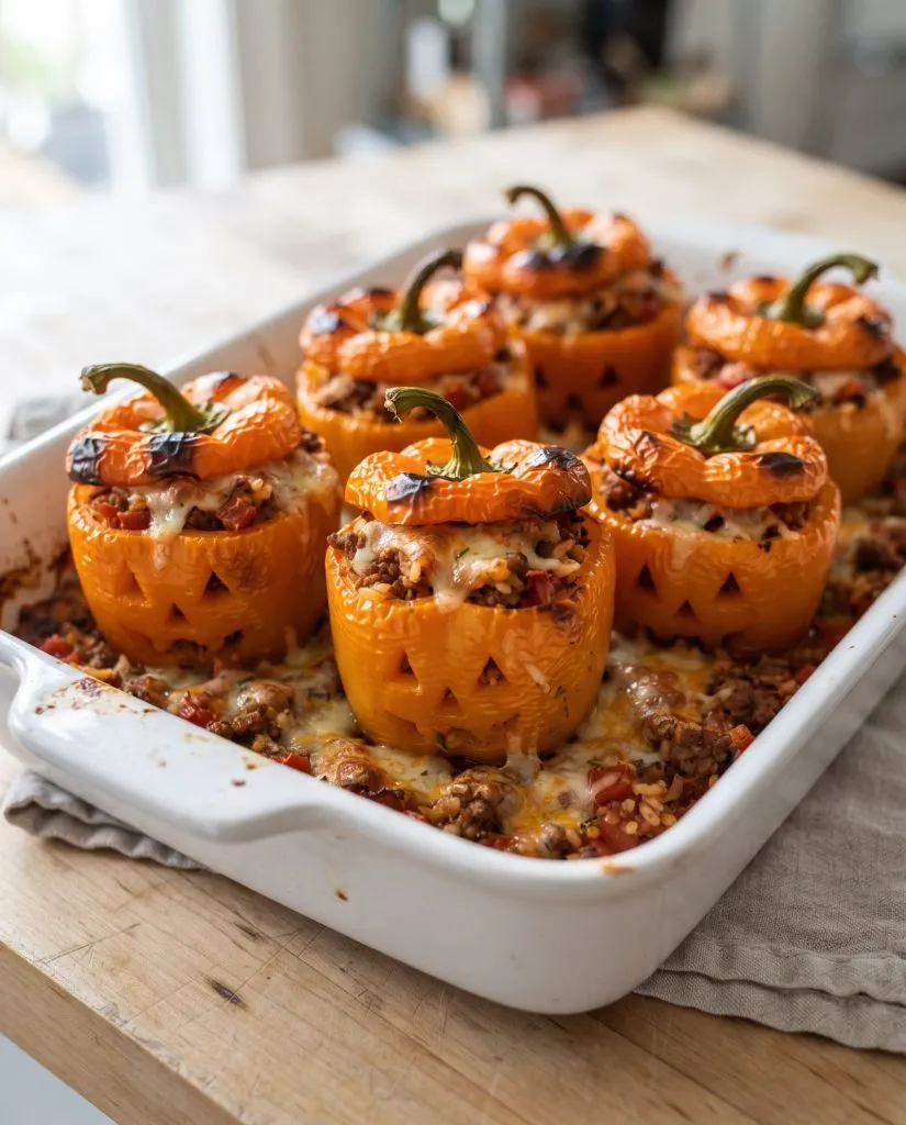 Jack-o'-lantern stuffed peppers in a baking dish