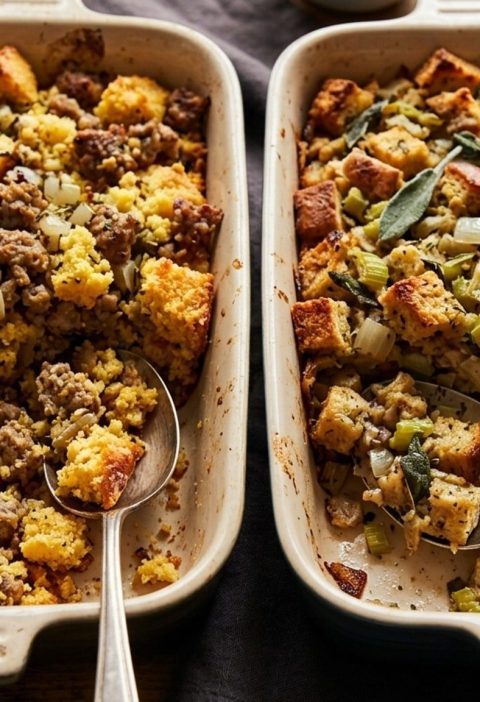 Two pans of Thanksgiving stuffing side by side