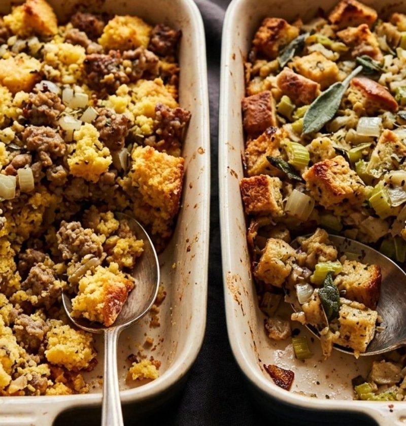 Two pans of Thanksgiving stuffing side by side