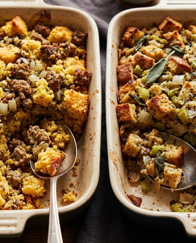 Two pans of Thanksgiving stuffing side by side