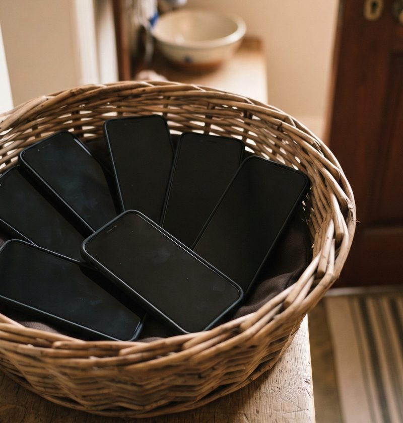 Basket of phones by the door during Sunday supper