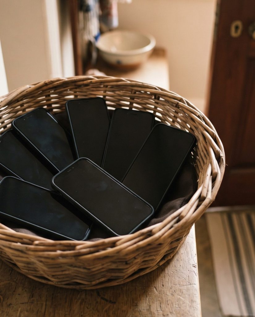Basket of phones by the door during Sunday supper