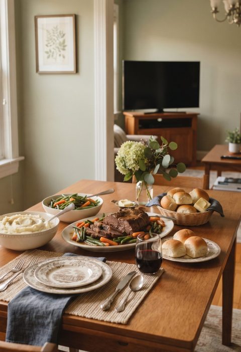 Sunday dinner table with the TV turned off