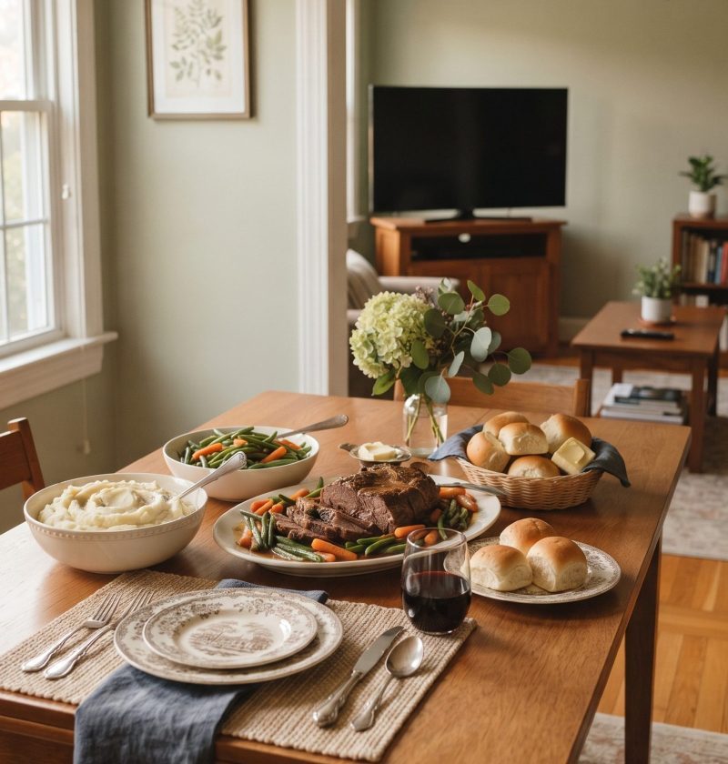 Sunday dinner table with the TV turned off