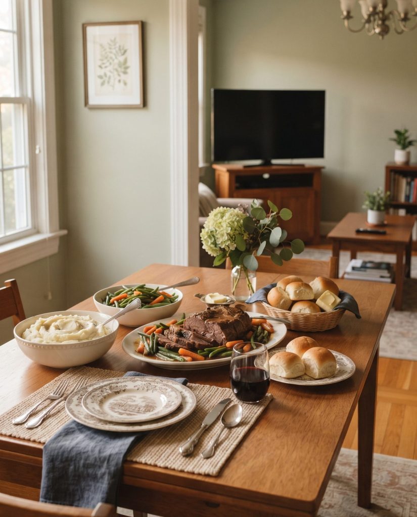 Sunday dinner table with the TV turned off