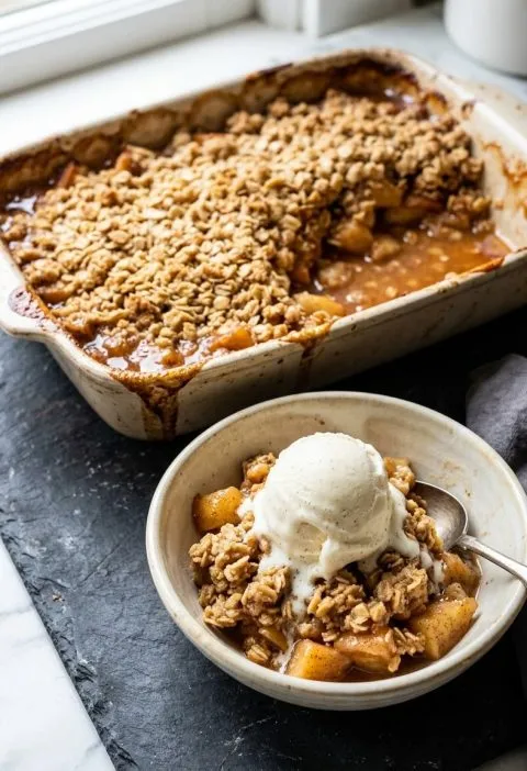 Old-fashioned apple crisp with vanilla ice cream