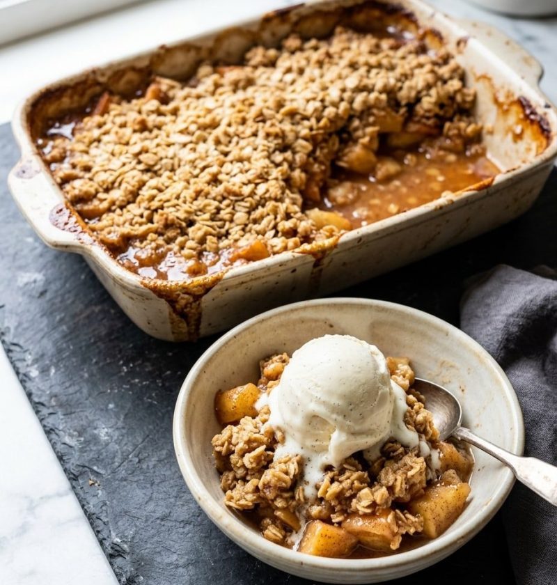 Old-fashioned apple crisp with vanilla ice cream