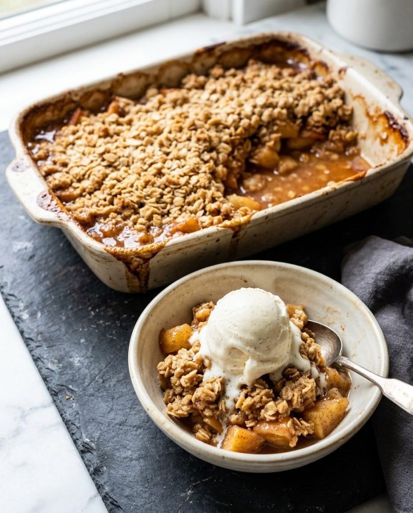 Old-fashioned apple crisp with vanilla ice cream