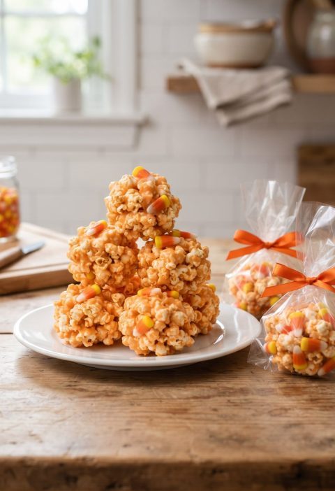 Old-fashioned popcorn balls wrapped with orange ribbon