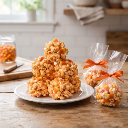 Old-fashioned popcorn balls wrapped with orange ribbon