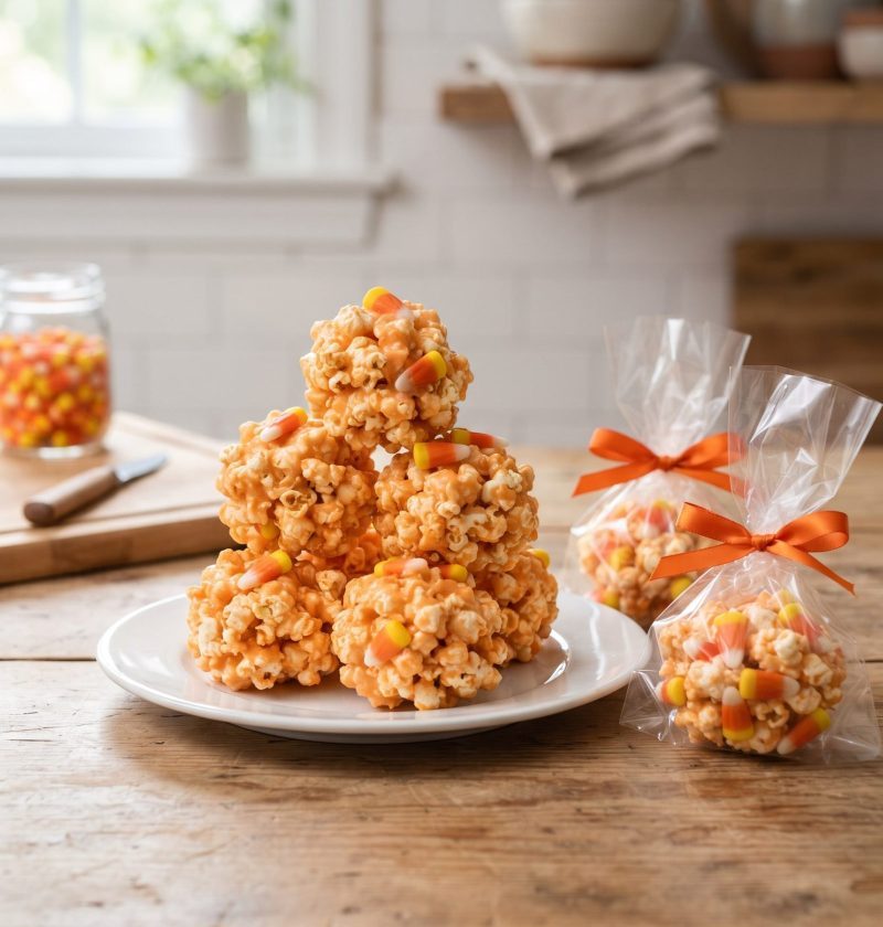Old-fashioned popcorn balls wrapped with orange ribbon