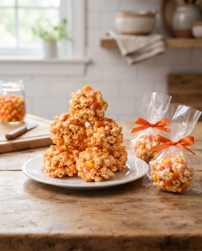 Old-fashioned popcorn balls wrapped with orange ribbon