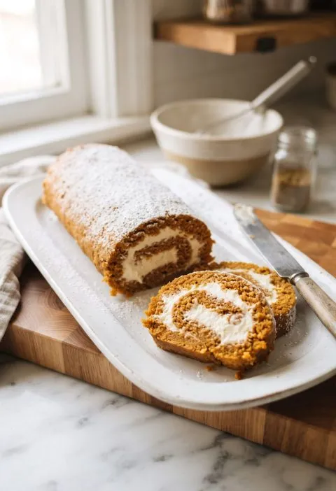 Pumpkin roll with cream cheese filling sliced