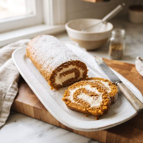 Pumpkin roll with cream cheese filling sliced