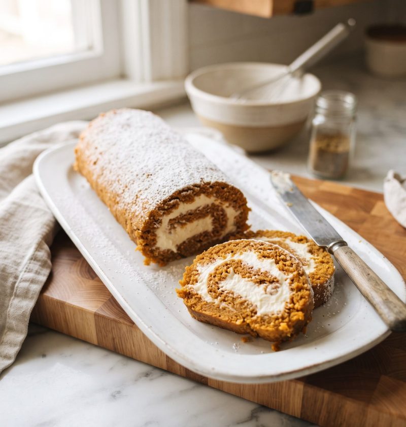 Pumpkin roll with cream cheese filling sliced