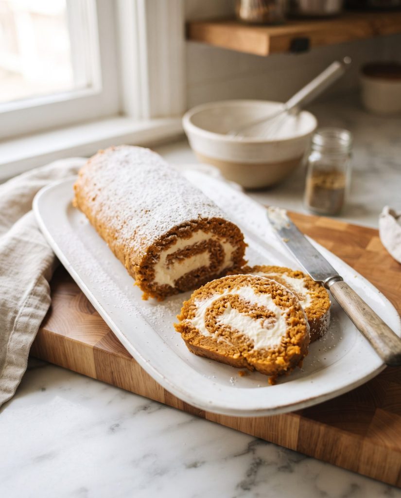 Pumpkin roll with cream cheese filling sliced