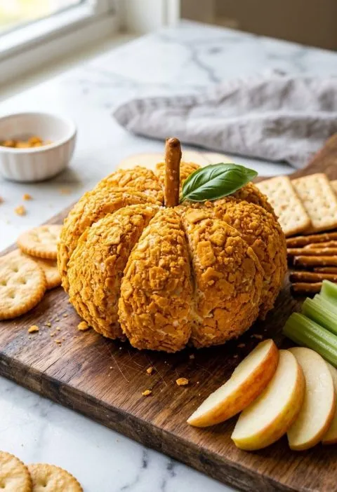 Pumpkin-shaped cheese ball on a party board