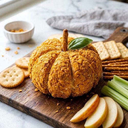 Pumpkin-shaped cheese ball on a party board