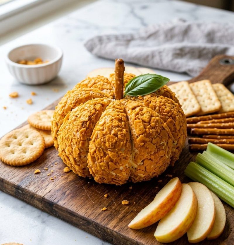 Pumpkin-shaped cheese ball on a party board