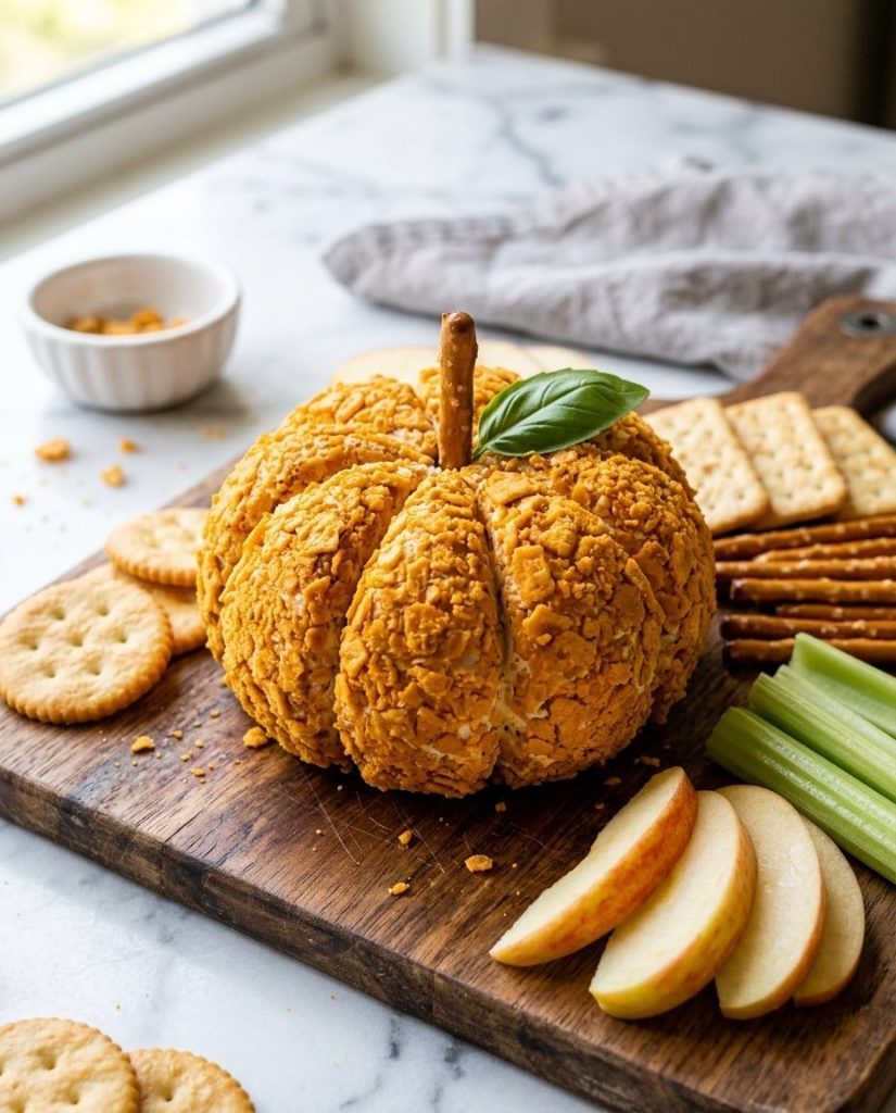 Pumpkin-shaped cheese ball on a party board