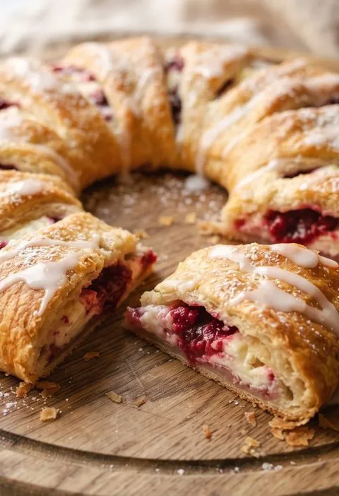 Raspberry cream cheese crescent ring with glaze