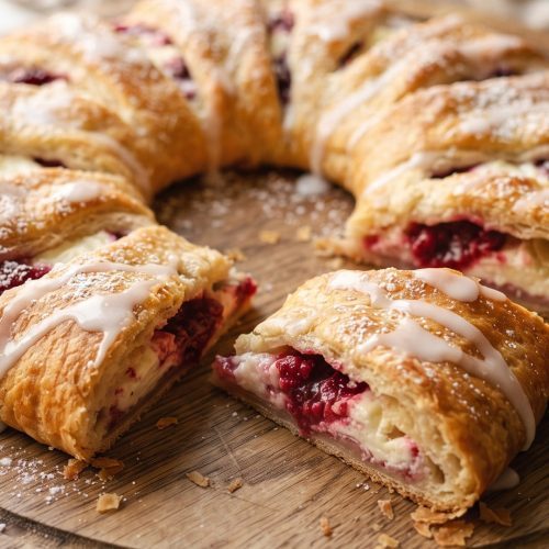 Raspberry cream cheese crescent ring with glaze