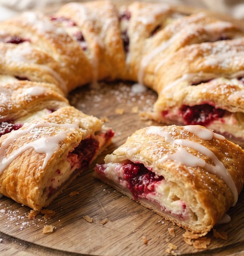 Raspberry cream cheese crescent ring with glaze