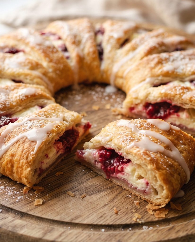 Raspberry cream cheese crescent ring with glaze