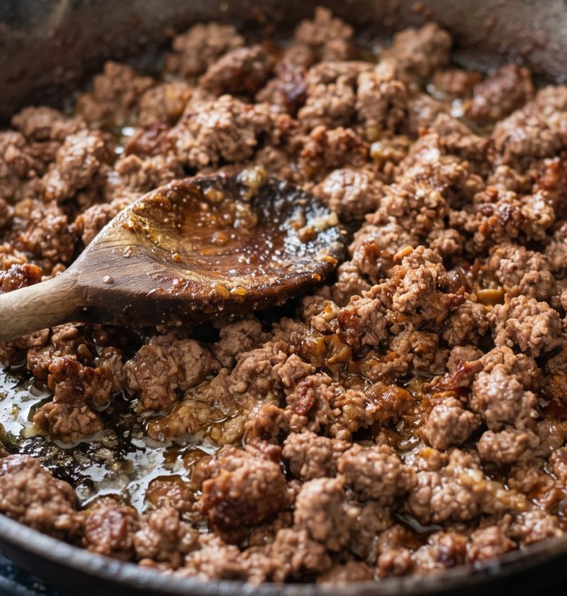 Browned ground beef with fat in the skillet