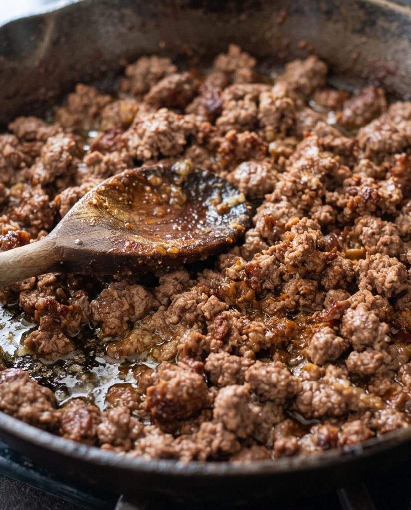 Browned ground beef with fat in the skillet