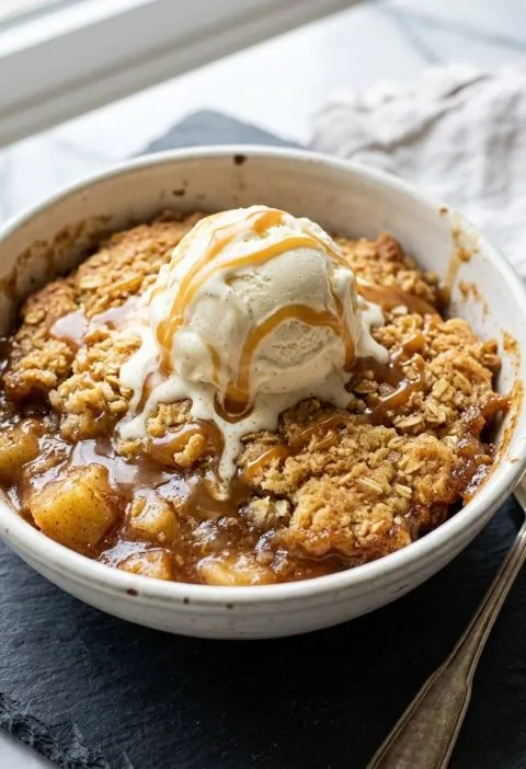 Caramel apple dump cake with ice cream
