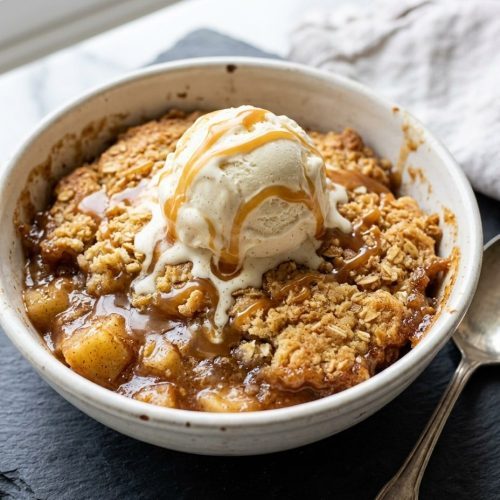 Caramel apple dump cake with ice cream