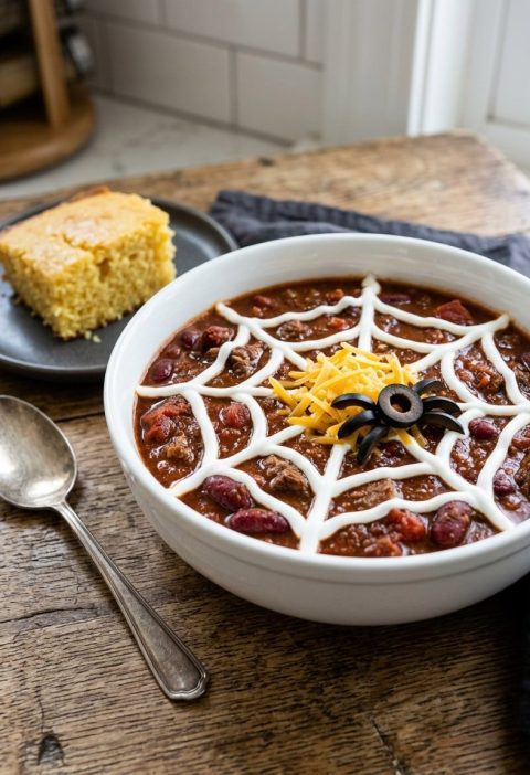 Witches' brew chili bowls with sour cream spiderwebs